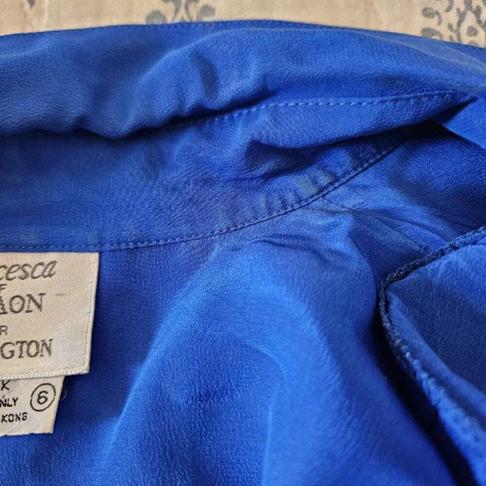 Francesca of Damon Royal Blue 100% SILK Pleated Blouse Vintage 80s 6 - Picture 16 of 16